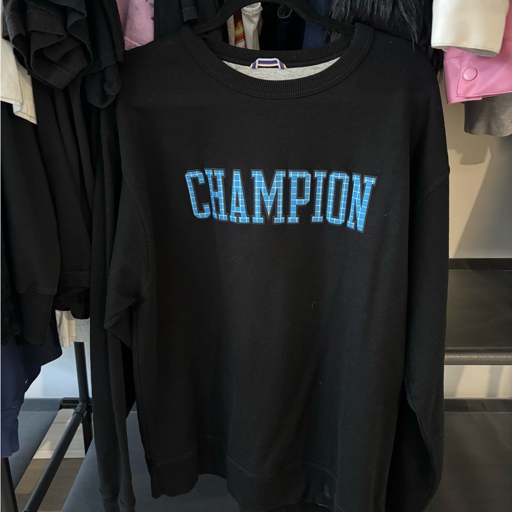 Champion Black Crewneck with Blue Lettering